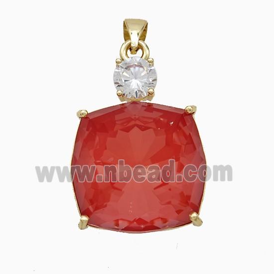 Red Crystal Glass Square Pendant Copper Gold Plated