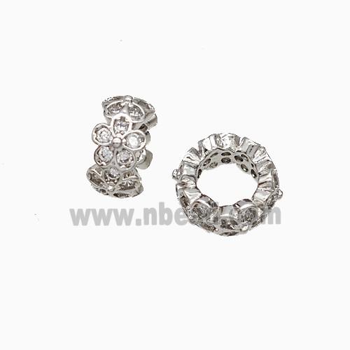 Copper Rondelle Beads Pave Zirconia Flower Platinum Plated