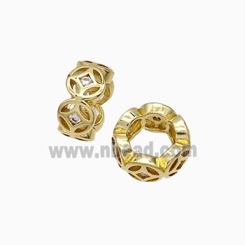 Copper Rondelle Beads Pave Zirconia Large Hole Gold Plated