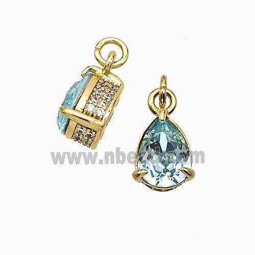 Copper Teardrop Pendant Pave Zirconia Aqua Crystal Glass Gold Plated