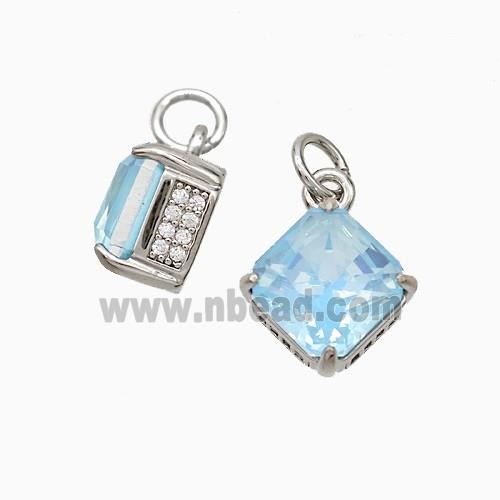 Copper Square Pendant Pave Zirconia Blue Crystal Glass Platinum Plated