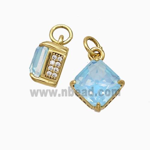 Copper Square Pendant Pave Zirconia Blue Crystal Glass Gold Plated