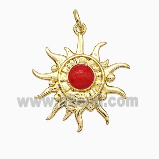 Copper Sun Pendant Red Enamel Gold Plated