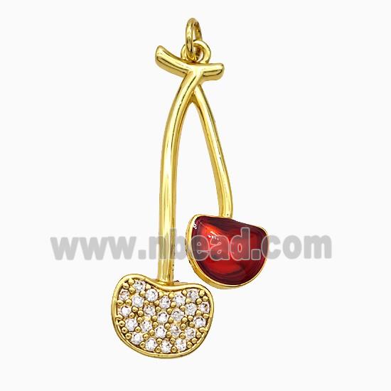 Copper Cherry Pendant Pave Zirconia Red Painted Gold Plated