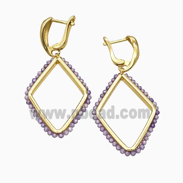 Copper Latchback Earrings Rhombus Crystal Glass Wire Wrapped Gold Plated