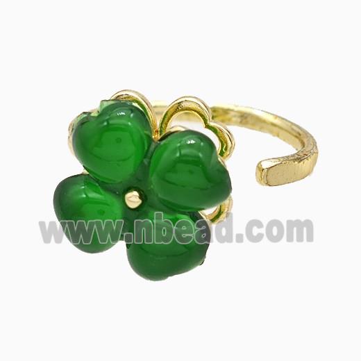 Copper Clover Rings Pave Green Acrylic Rotatable Gold Plated