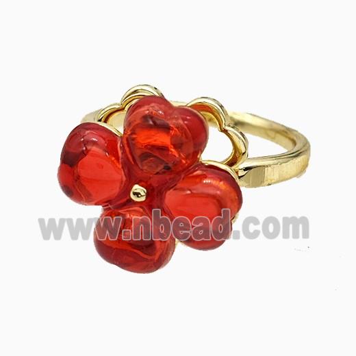 Copper Clover Rings Pave Red Acrylic Rotatable Gold Plated