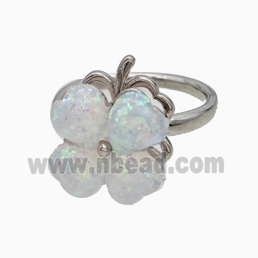 Copper Clover Rings Pave Aqua White Opal Rotatable Platinum Plated