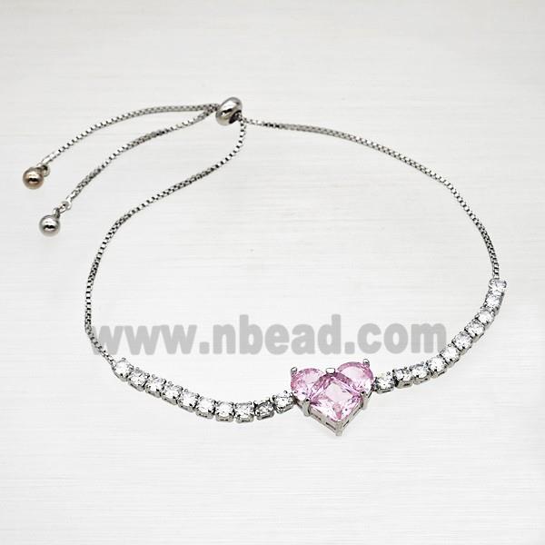 Copper Bracelet Pave Crystal Glass Heart Adjustable Platinum Plated