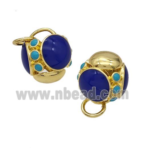 Copper Round Beads Blue Enamel Hollow Gold Plated