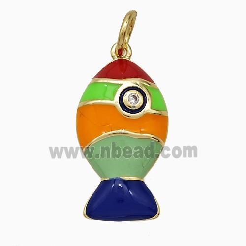 Copper Fish Pendant Pave Zirconia Multicolor Enamel Gold Plated