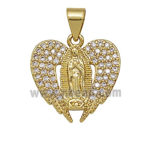 Copper Jesus Heart Pendant Pave Zirconia Angel Wings Gold Plated