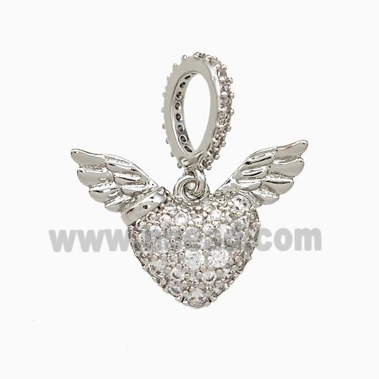Copper Heart Angel Wings Pendant Micropave Zirconia Platinum Plated