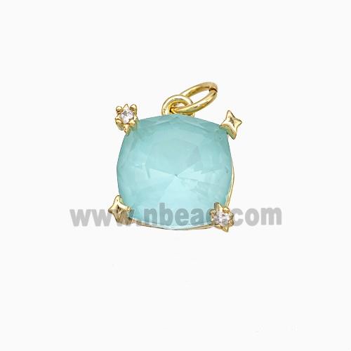Teal Crystal Glass Square Pendant Copper Gold Plated