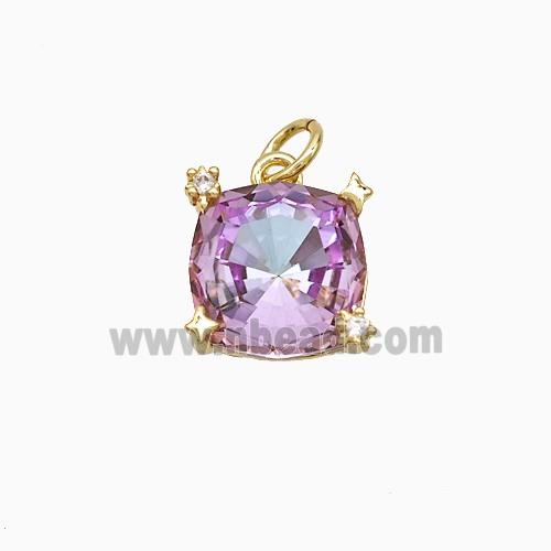 Fuchsia Crystal Glass Square Pendant Copper Gold Plated