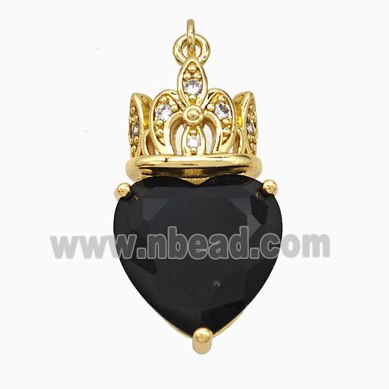 Copper Crown Heart Pendant Pave Black Crystal Glass Gold Plated