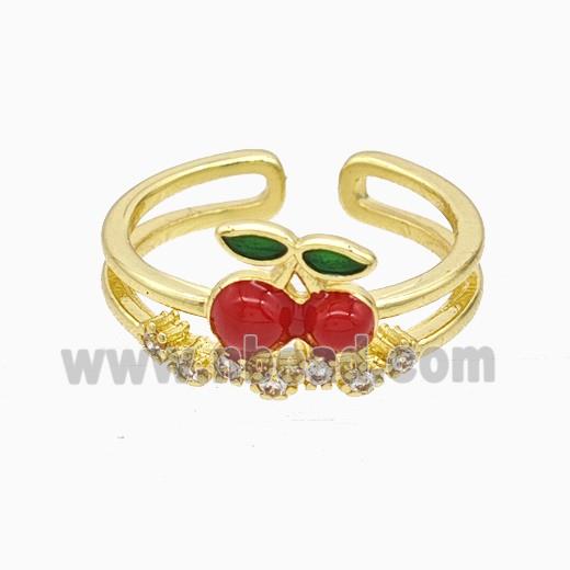 Copper Cherry Rings Pave Zirconia Red Enamel Gold Plated