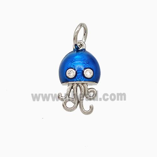 Copper Jellyfish Pendant Pave Zirconia Blue Painted Platinum Plated