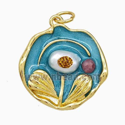 Copper Flower Pendant Teal Painted Gold Plated