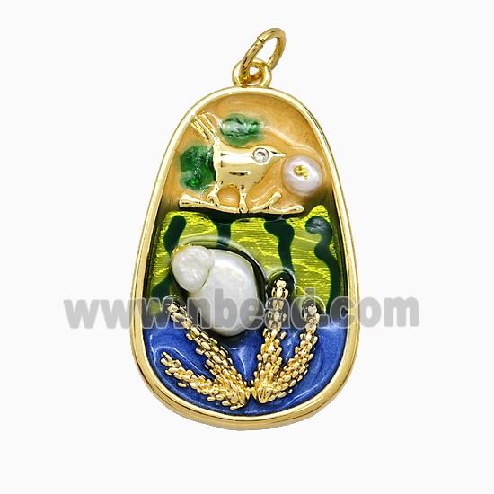 Copper Flower Pendant Pave Pearlized Resin Multicolor Painted Bird Gold Plated
