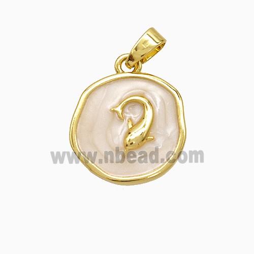 Copper Dolphin Pendant White Painted Circle Gold Plated
