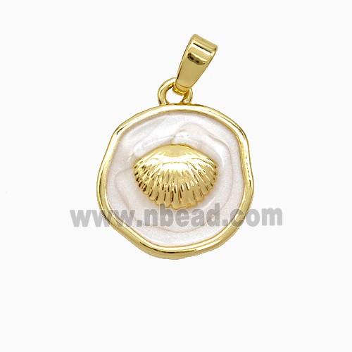 Copper Scallop Shell Pendant White Painted Circle Gold Plated
