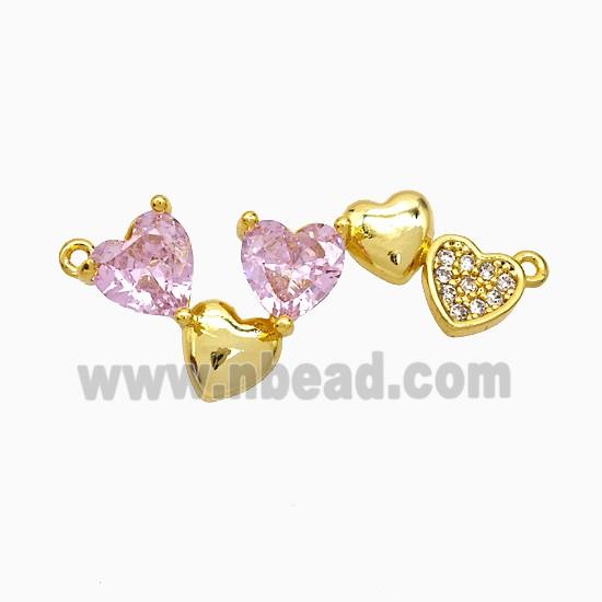 Copper Heart Link Pendant Pave Zirconia Pink Crystal Glass 2loops Gold Plated