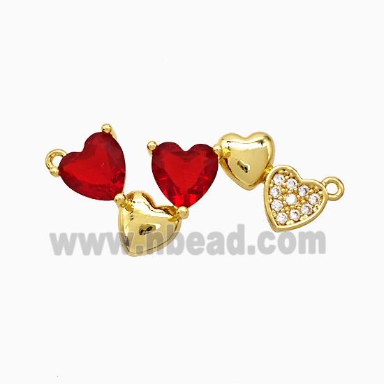 Copper Heart Link Pendant Pave Zirconia Red Crystal Glass 2loops Gold Plated