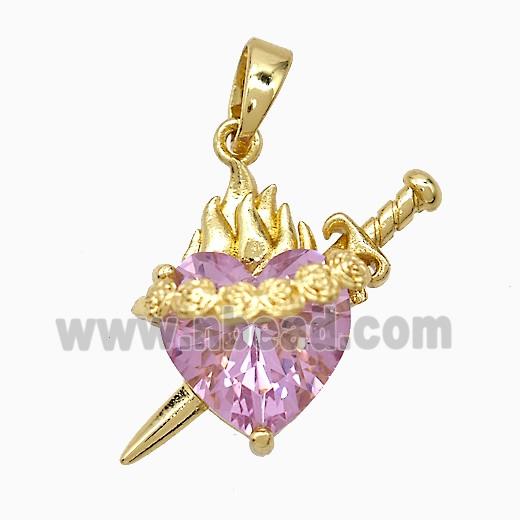 Copper Heart Sword Pendant Pave Pink Crystal Glass Gold Plated