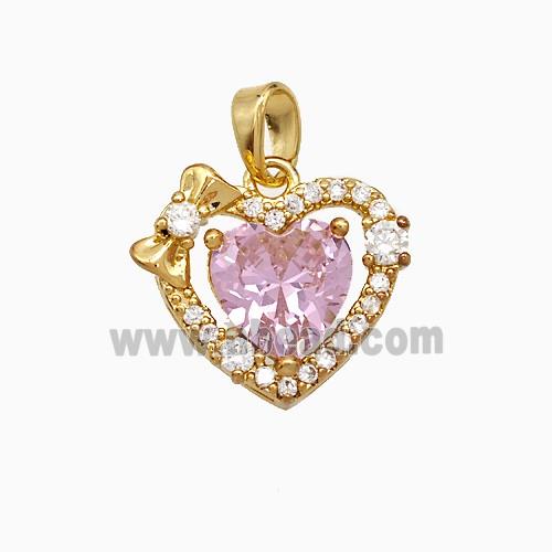 Copper Heart Pendant Pave Zirconia Pink Crystal Glass Gold Plated