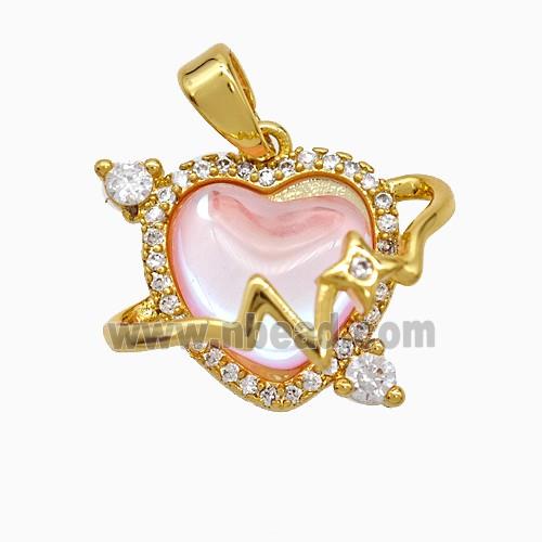 Copper Heart Pendant Pave Zirconia Pink Acrylic Gold Plated