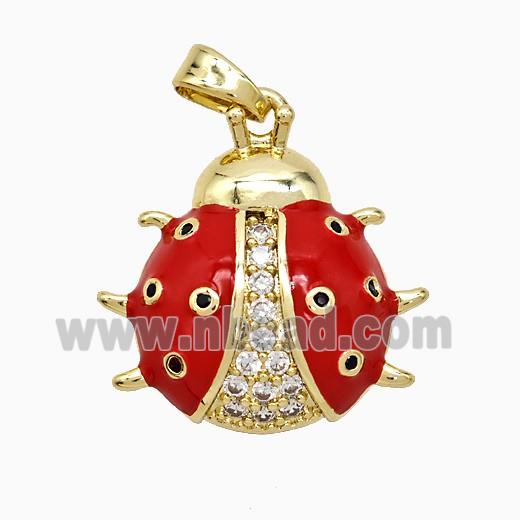 Copper Ladybug Pendant Pave Zirconia Red Enamel Gold Plated