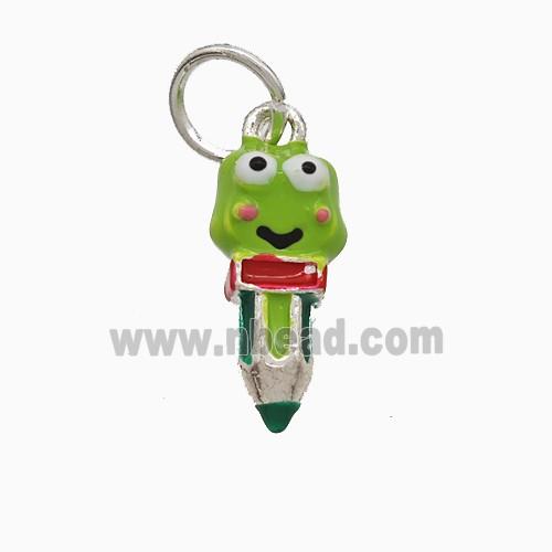 Frog Pencil Charms Copper Pendant Green Enamel Platinum Plated