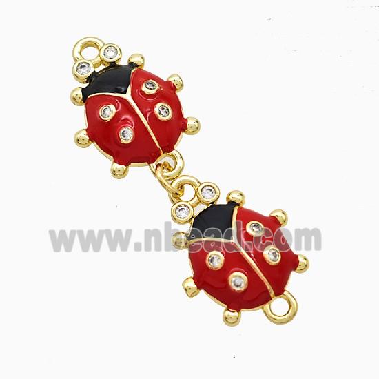 Copper Ladybug Connector Pave Zirconia Red Enamel Gold Plated