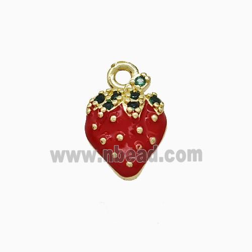 Copper Strawberry Pendant Pave Zirconia Red Enamel Gold Plated