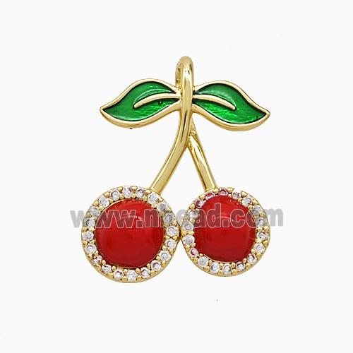 Copper Cherry Pendant Pave Zirconia Red Enamel Gold Plated