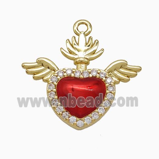 Copper Heart Angel Wings Pendant Pave Zirconia Red Painted Gold Plated