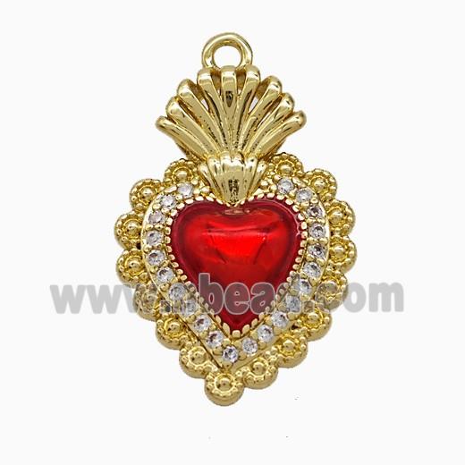 Copper Heart Pendant Pave Zirconia Red Painted Gold Plated