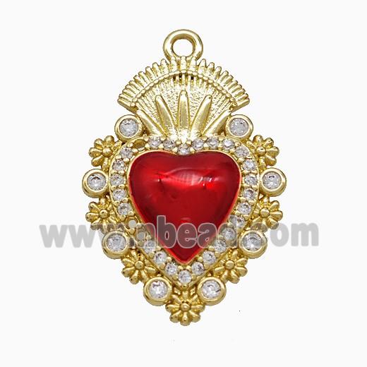 Copper Heart Pendant Pave Zirconia Red Painted Gold Plated