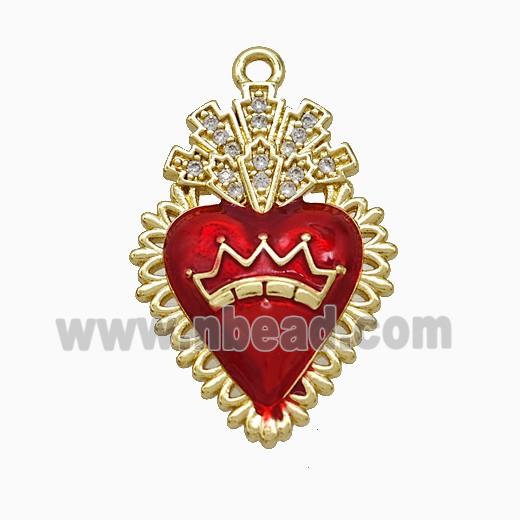 Copper Heart Pendant Pave Zirconia Red Painted Crown Gold Plated