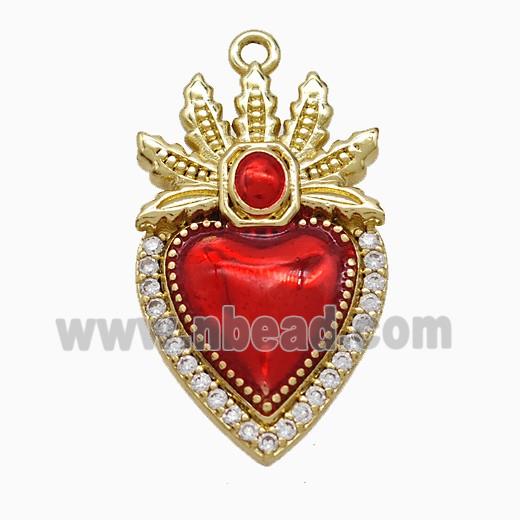 Copper Heart Pendant Pave Zirconia Red Painted Gold Plated