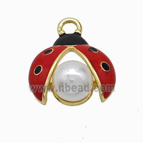 Copper Ladybug Pendant Pave Pearlized Resin Red Enamel Gold Plated