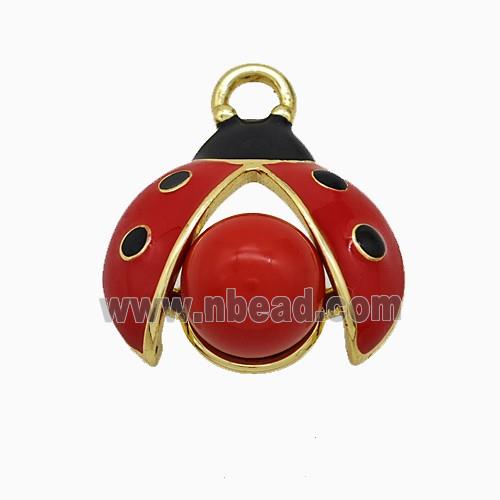 Copper Ladybug Pendant Pave Pearlized Resin Red Enamel Gold Plated