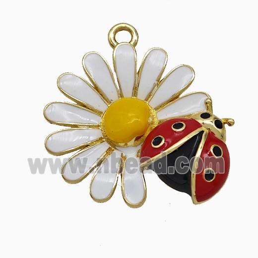 Copper Ladybug Flower Pendant White Red Enamel Gold Plated