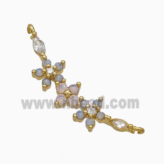 Copper Flower Link Pendant Pave Crystal Glass 2loops Gold Plated