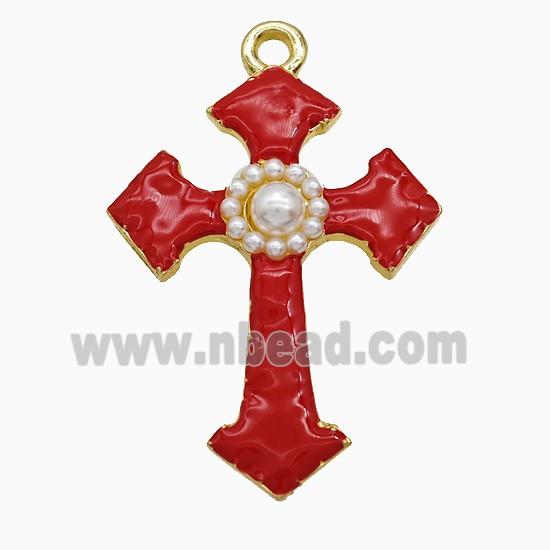 Copper Cross Pendant Pave Pearlized Resin Red Enamel Gold Plated