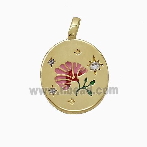 Copper Flower Pendant Pave Zirconia Enamel Gold Plated