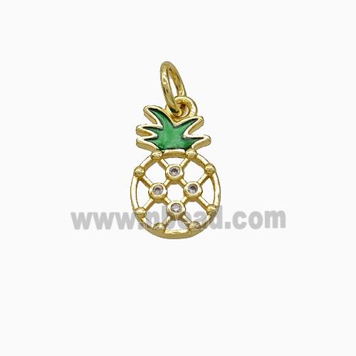 Copper Pineapple Pendant Pave Zirconia Green Painted Gold Plated