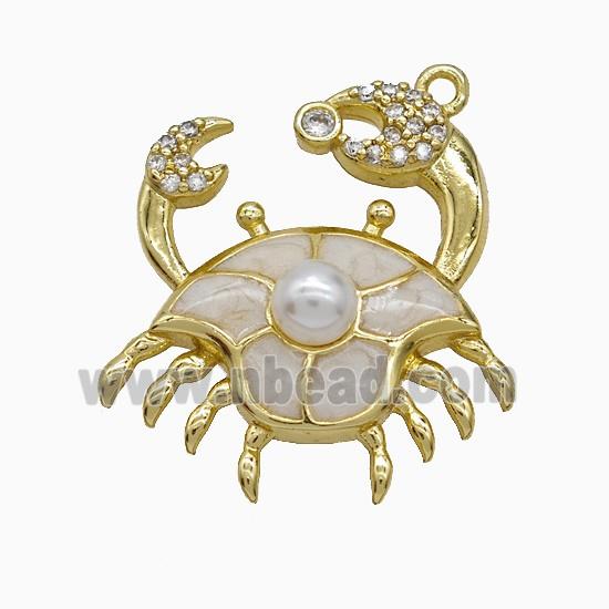 Copper Crab Pendant Pave Zirconia White Enamel Gold Plated