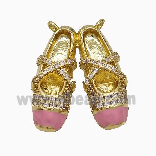 Copper Shoes Pendant Pave Zirconia Pink Enamel Gold Plated